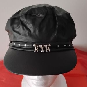 Black Faux Leather Cap with Silver KIM Letter Charms